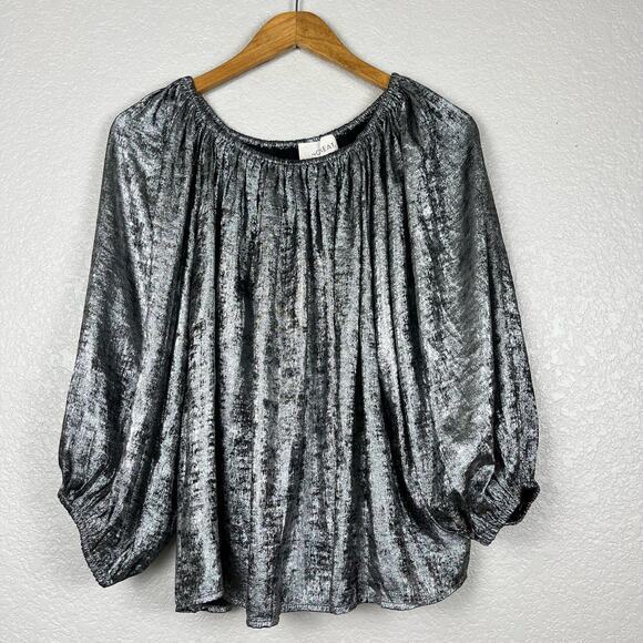 THE GREAT. Tops - Metallic Silver Velvet Blouse - Women’s Long Sleeve Gathered Neck